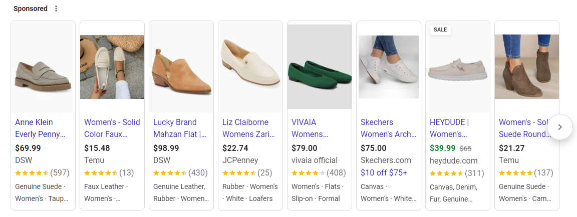 Shopping ad feed of women's shoes