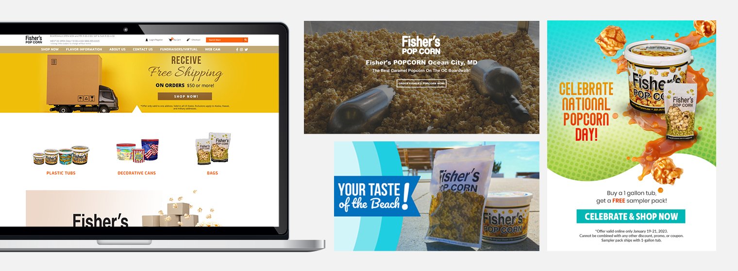 Fisher's popcorn site on laptop
