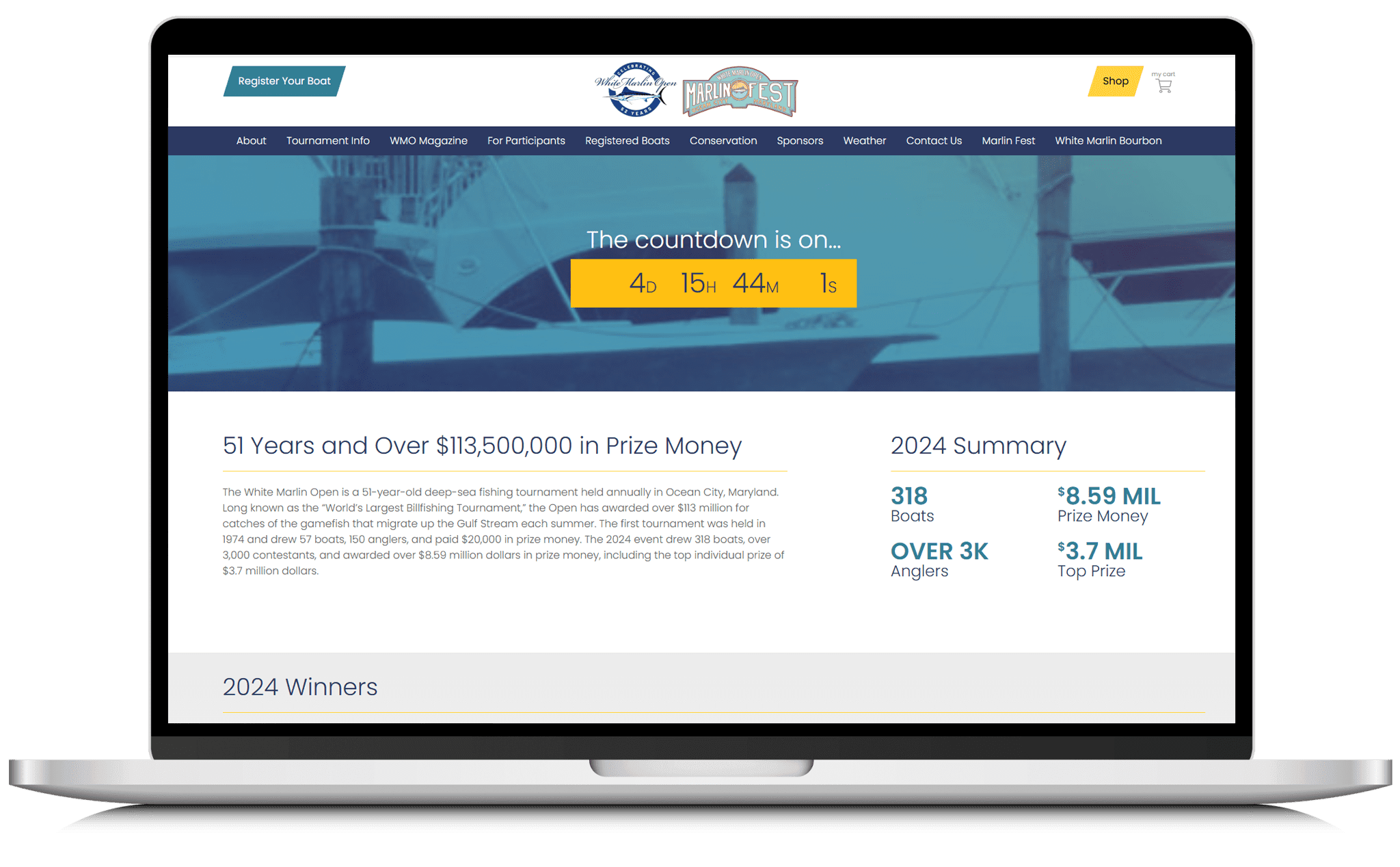 White Marlin Open website laptop mockup