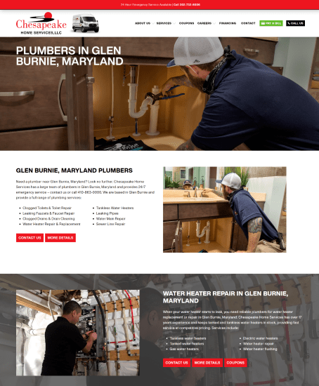 Location Landing page example for Glen Burnie Plumbers