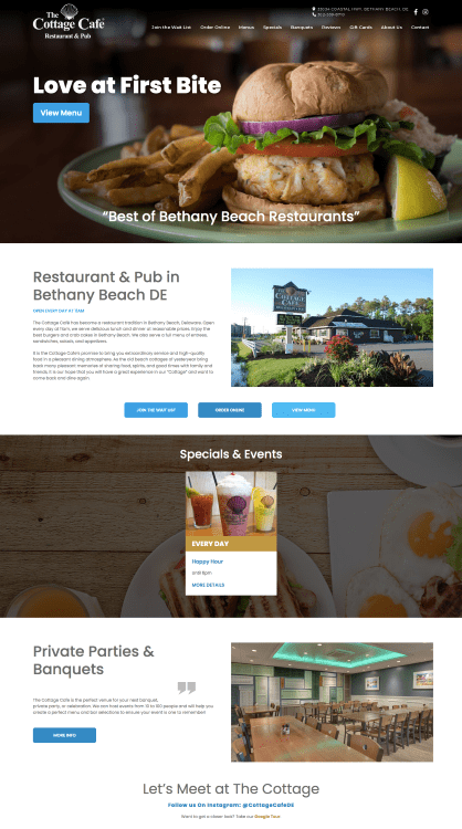 Cottage Cafe Website homepage