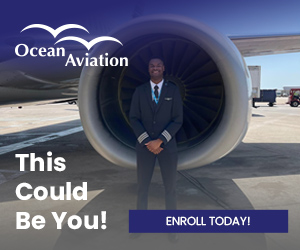 Ocean Aviation Student standing in front of plane engine. Google Ad